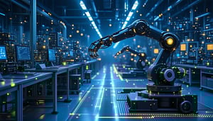 A Manufacturing Site where you can see a robotic Arm in an assembly line made of data nodes and knowledge graph Dark Theme2