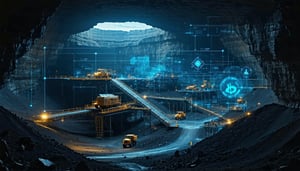 A Mining Site with big operation formed of digital data nodes and knowledge graph down a mine Dark Theme-1