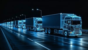 A Transport fleet of digital trucks made of knowledge graph nodes Dark Theme