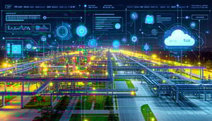 A connected dashboard overlay on an industrial facility showing data lines linking OT systems and cloud infrastructure enterprisegrade UI elements-1