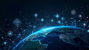 A dark atmospheric data mesh spanning across a stylized planetlike surface representing a unified semantic layer Threads of light cyan teal violet connect floating data nodes labeled with abstract icons eg cloud AI warehouse gear Subtle constellatio-1