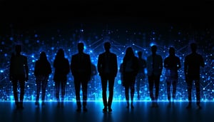 A dark background stylized team silhouette outlined by a backlight overlaid with a dynamic graph network and semantic data lines blending abstract human collaboration and AIdata symbols in a techinspired palette clean minimal optimistic