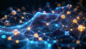 A data network seamlessly blended with a knowledge graph glowing in motion representing the fusion of AI and semantic layers