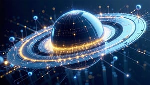 A glowing 3D graph core engine powering up with data nodes orbiting it like electrons forming an idea of Saturn tilted and cutting through the platform  sleek metallic and blue tones