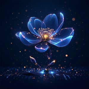 A glowing network of interconnected data points forming a sideways plum blossom shape symbolizing growth and connection dark background techinspired3-1