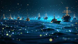 A marine fleet over a digital ocean shops are made of data nodes and knowledge graph Dark Theme