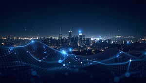 A minimal dark UIstyle background showing a stylized graph mesh fading into a cityscape skyline at dusk glowing data nodes suggesting global connection and enterprise reach soft lighting futuristic tone