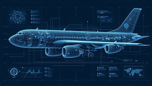 A stylized graph mesh forming the shape of an aircraft engine overlayed with system diagnostics and blueprint nodes in a dark tech UI style