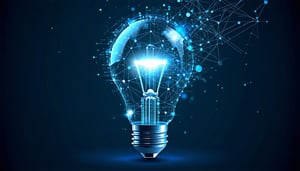 A stylized lightbulb emerging from a semantic graph network symbolizing the birth of an idea blueprintstyle lines on a dark tech background-1