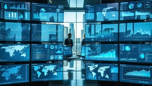 Corporate landscape overlayed with screens with dashboards and graphs of successful results