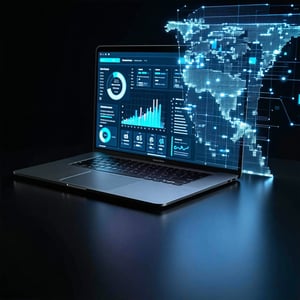 Dark Themed image of a macbook showing charts while  codeless queries come out into a knowledge graph that comes out from the screen like hologram