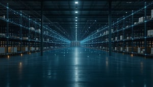 Dark themed digital landscape of Supply chain warehouse made of data nodes and knowledge graph nodes Dartk Theme