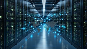 Data site with racks of servers made of knowledge graph and data nodes Dark Theme
