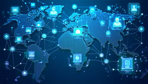 Digital platforms floating above a global network map  partnership nodes connecting across continents-1