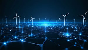 Energy Field with wind turbines formed of knowledge graph data nodes Dark theme-1