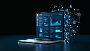 Frontend Developer laptop displays a modern UI coming out of the screen formed up of graph network and data nodes DARK theme-1