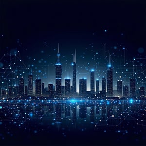 Futuristic skyline overlaid with constellationstyle graph lines representing a connected industrial future semiabstract clean dark palette-1