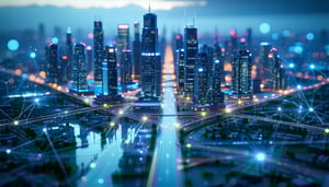 Image of a group of corporate buildings sitting on a digital landscape with graph network roads connecting everything quickly
