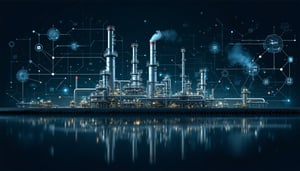 Industrial Chemical site conformed of digital nodes from knowledge graph dark theme