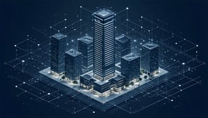 Isometric high rise corporate building Architecture plan sketch on dark theme composed of knowledge graph data nodes Dark Theme