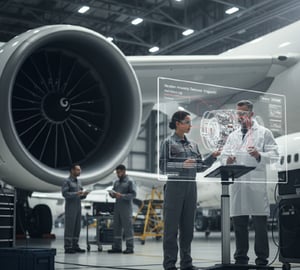 Photo of engineers in a hangar analyzing data from knowledge graph  in real time.