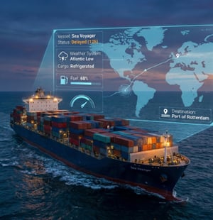 Photo depicts a cargo vessel, with a holo screen detailing real time information.