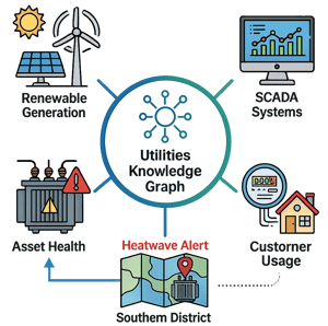 Depicts connections to an Utilities Knowledge Graph across systems.