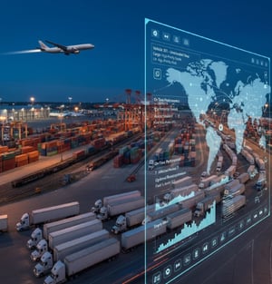 Image depicting a full logistic operation with trucks, planes, trains and freight.
